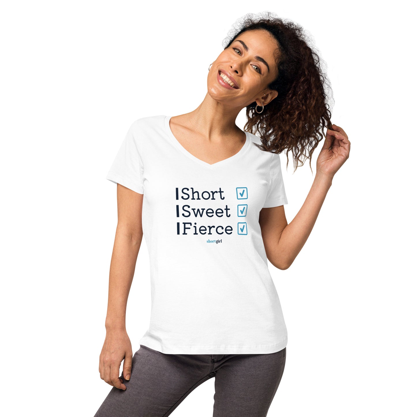 Women’s fitted v-neck t-shirt - Short, Sweet, Fierce